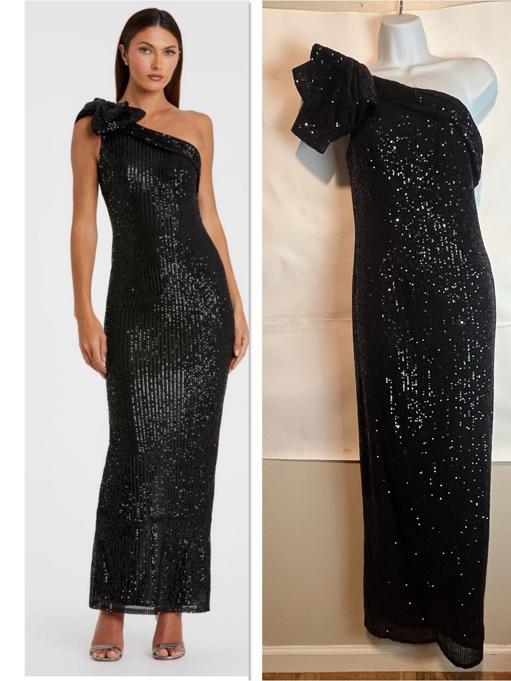 IEENA for MacDuggal Black One-Shoulder Sequin Evening Gown with Bow Size 4 Gala